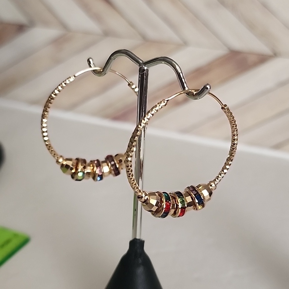 Gold Filled Textured Hoop Earrings with Multi Color Crystals New